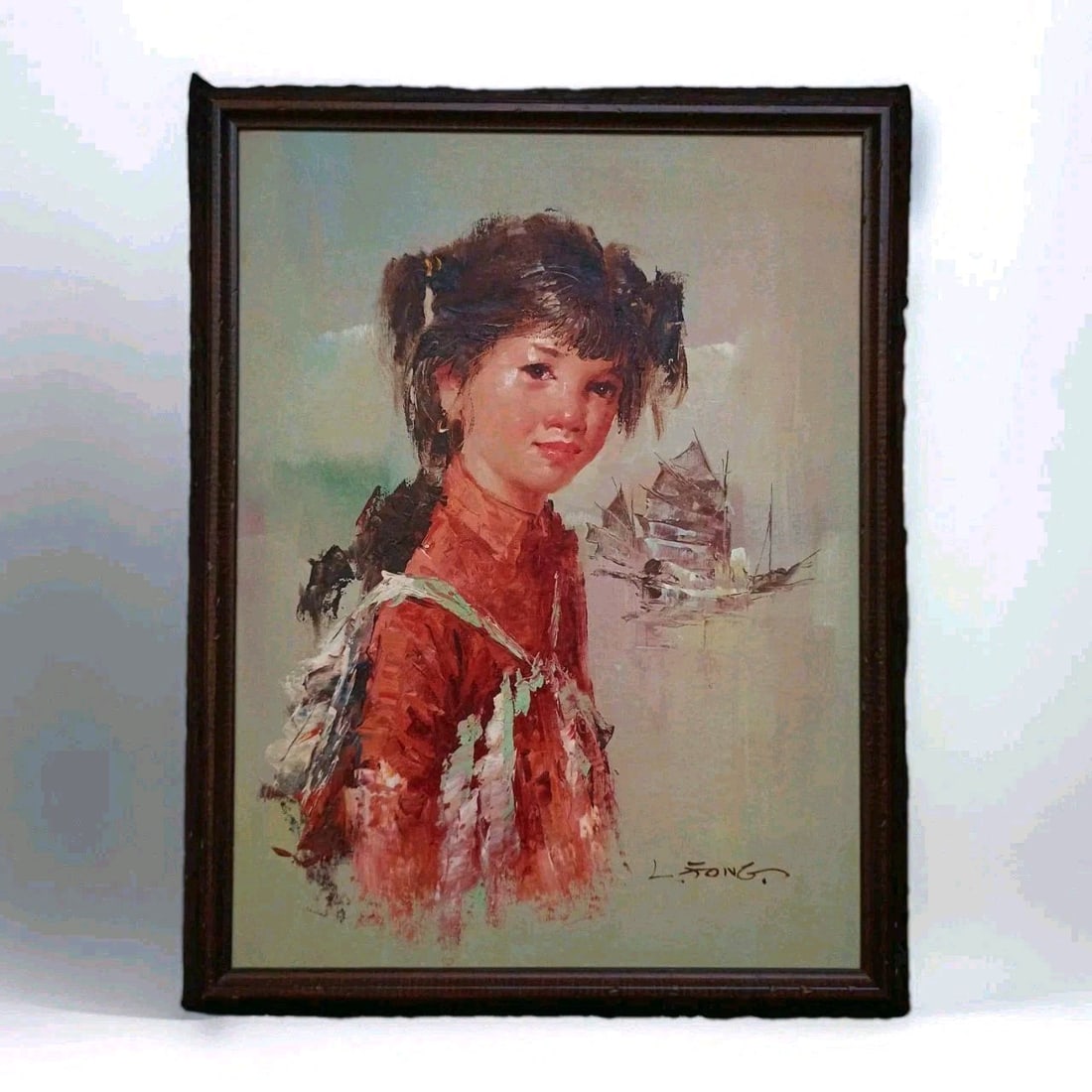 Framed Signed Portrait Painting on Masonite by Lee Man Fong 17.6x23.4: Framed Signed Portrait Painting on Masonite by Lee Man Fong 17.6x23.4 Framed oil painting on masonite depicting a young girl, attributed in the listing to Lee Man Fong. The work is described as an ori