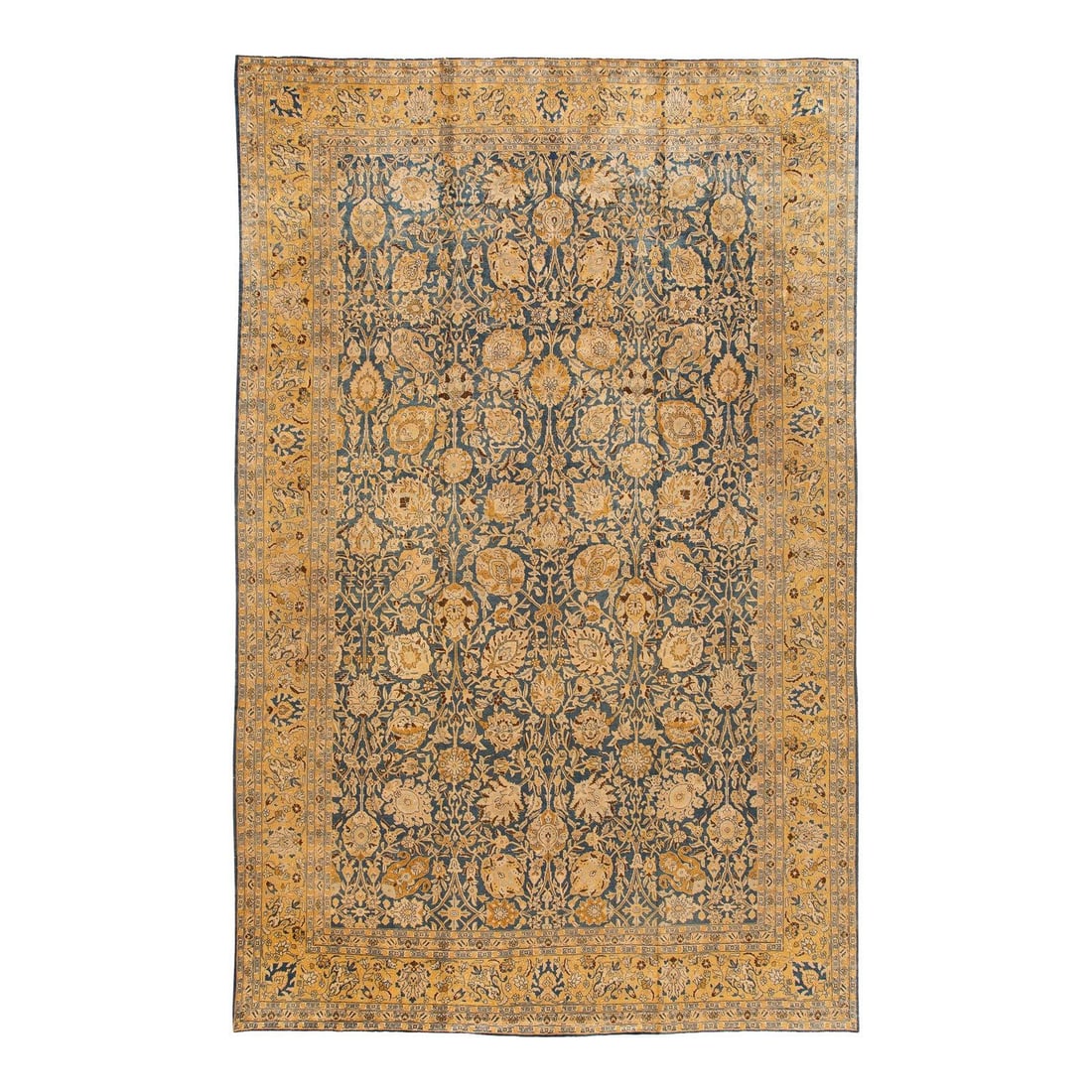 Antique Persian Tabriz Wool Rug 11' x 17' Blue Floral Design: Antique Persian Tabriz Wool Rug 11' x 17' Blue Floral Design This exquisite antique Persian Tabriz rug features a stunning blue field adorned with an all-over floral design. The intricate hand-knottin