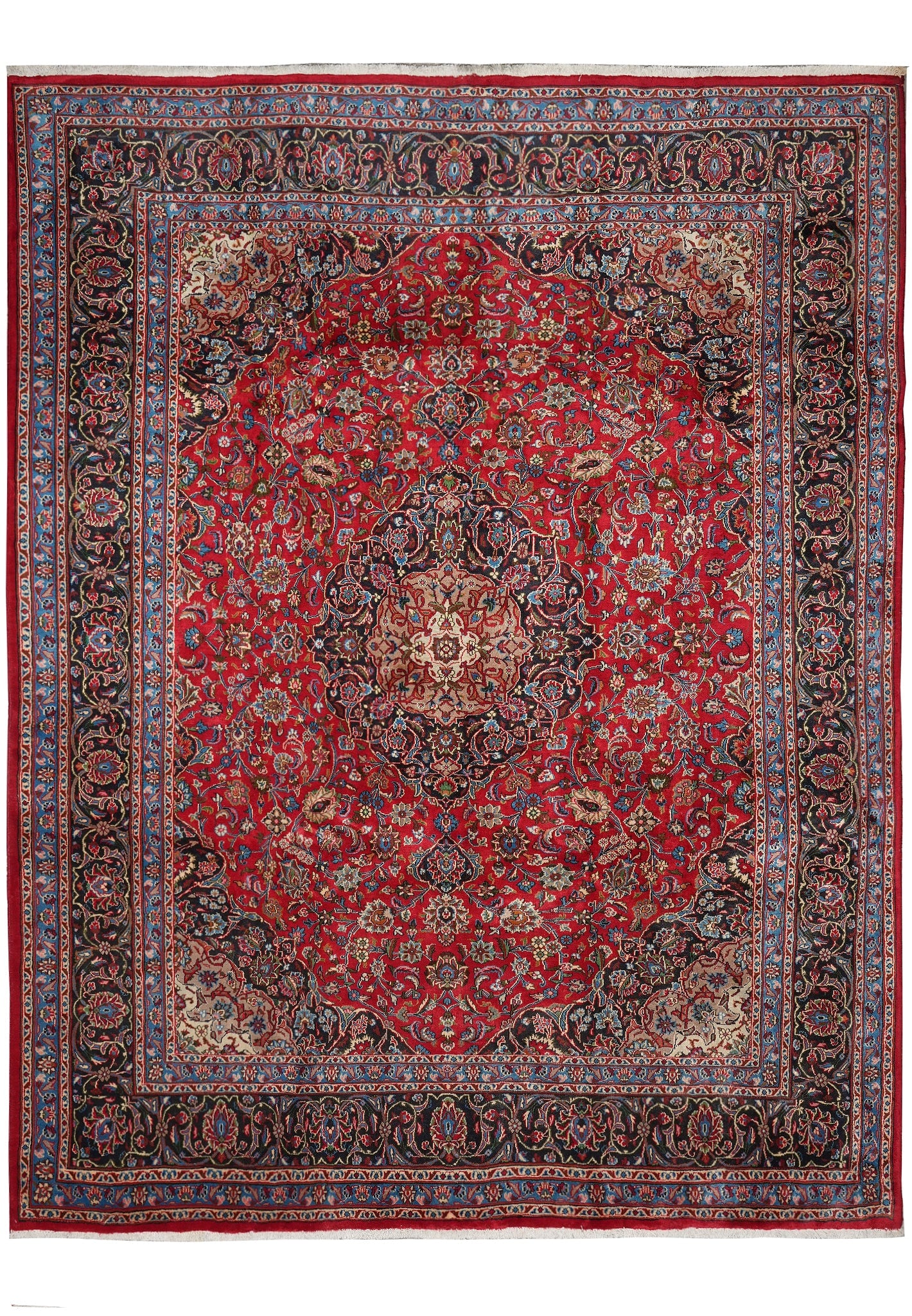 9.9 x 12 Persian Mashad Kashan Style Rug Red Blue Wool: 9.9 x 12 Persian Mashad Kashan Style Rug Red Blue Wool Free continental US Shipping This 9.9 x 12 Persian rug combines Kashan and Mashad styling in a classic traditional red and blue design. It featur