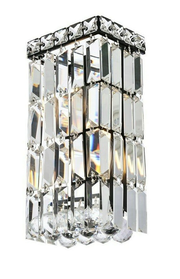 Maxime 2-Light Crystal Wall Sconce Black Clear 12 in: Maxime 2-Light Crystal Wall Sconce Black Clear 12 in Modern wall sconce with a black frame and clear crystal glass details. It is hardwired for indoor installation and designed for use with 2 E12 bulb