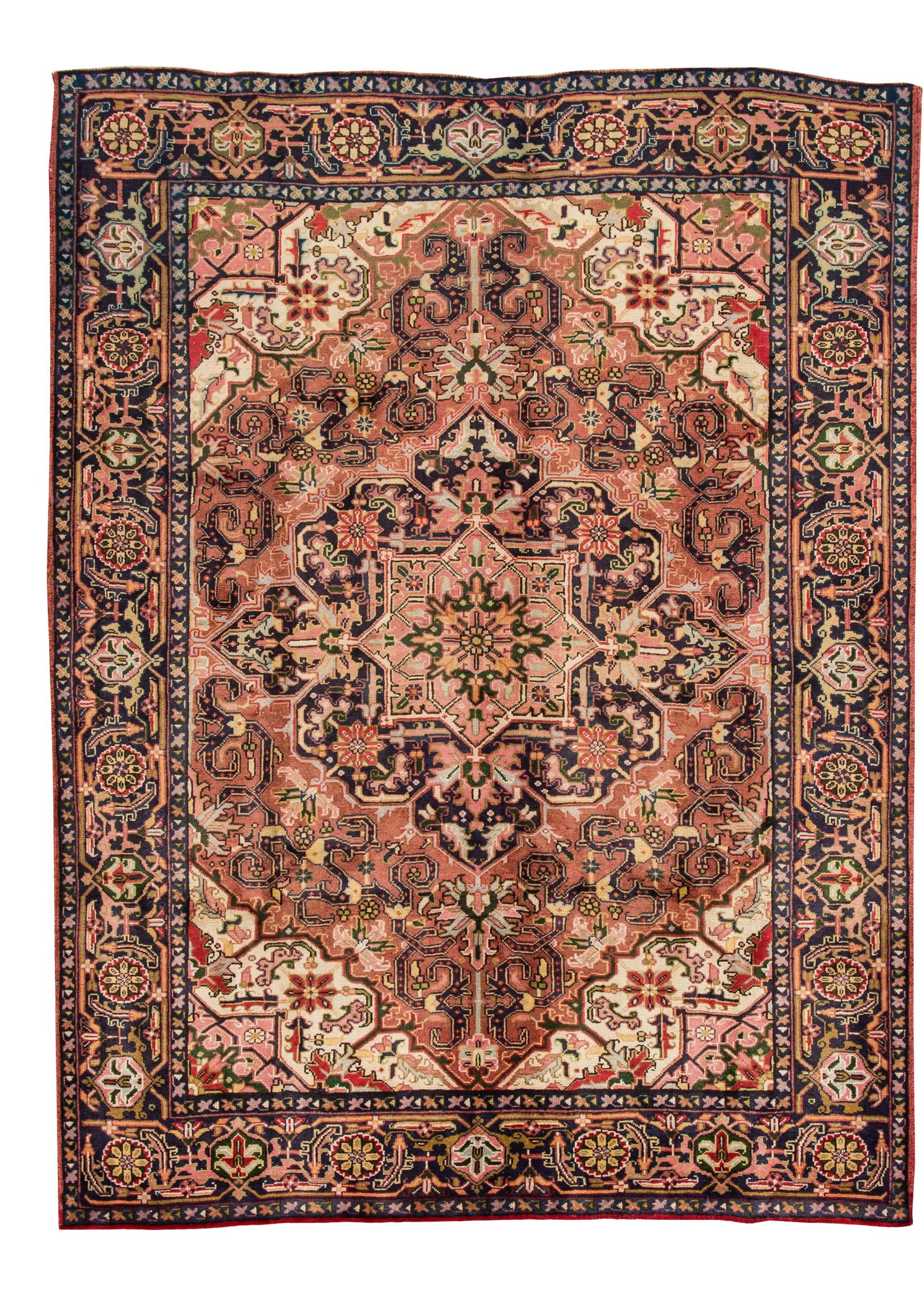 Vintage Persian Heriz Handmade Wool Rug Pink 6'9 x 8'10: Vintage Persian Heriz Handmade Wool Rug Pink 6'9 x 8'10 Enhance your space with this exquisite Vintage Persian Heriz hand-made wool rug. Featuring a captivating pink field adorned with multicolor acce