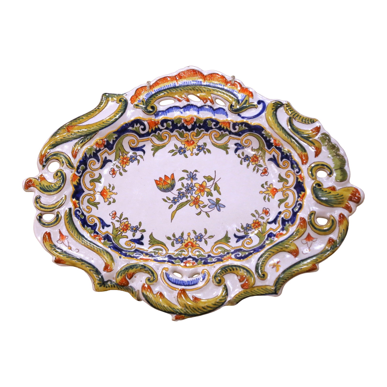 Rouen faience oval wall platter with pierced scalloped rim (1 of 11)