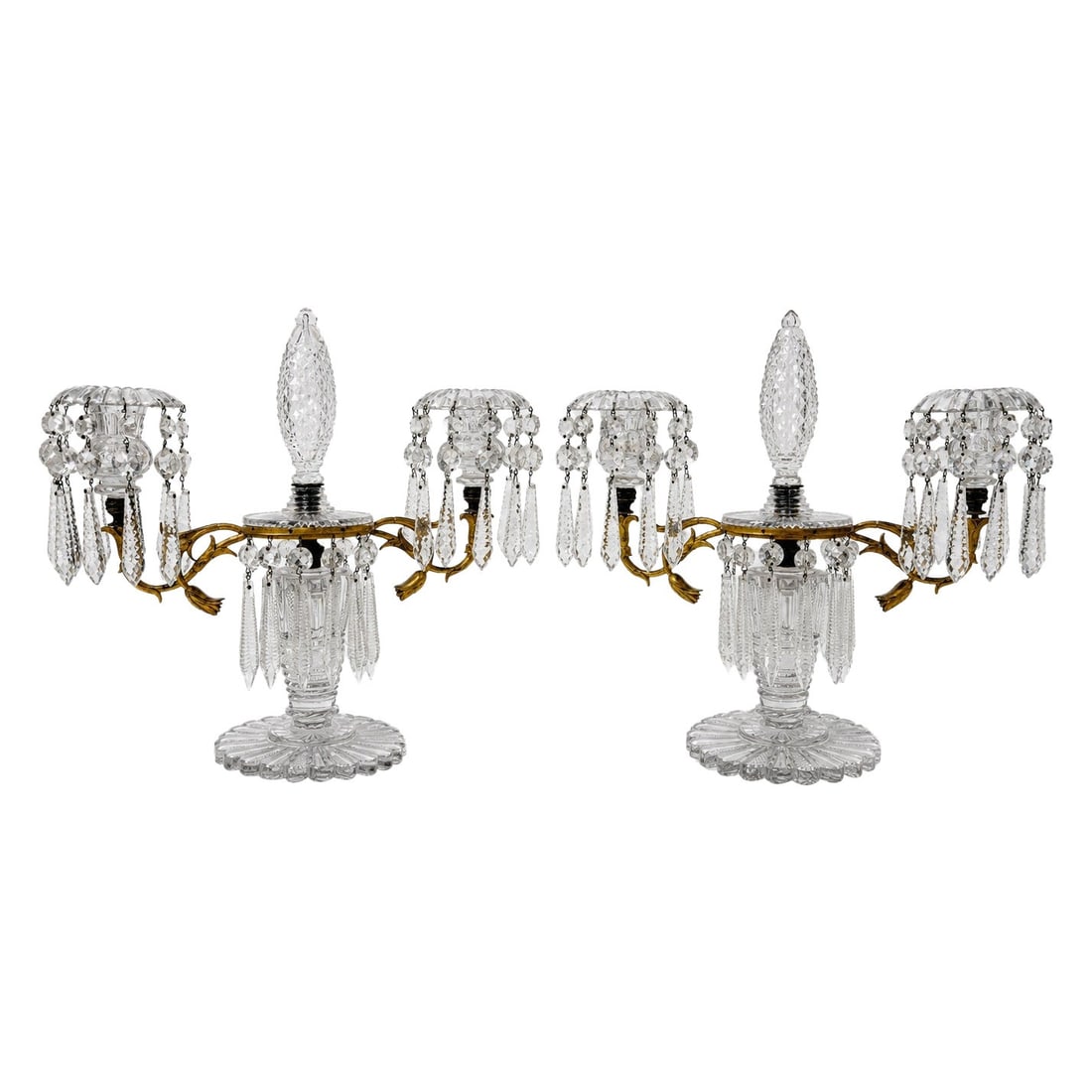 French Louis XVI Revival Crystal Gilt-Metal Candelabra Pair Set of 2: French Louis XVI Revival Crystal Gilt-Metal Candelabra Pair Set of 2 This pair of French Louis XVI style candelabra, dating to circa 1880, exemplifies late 19th-century craftsmanship. Each candelabrum