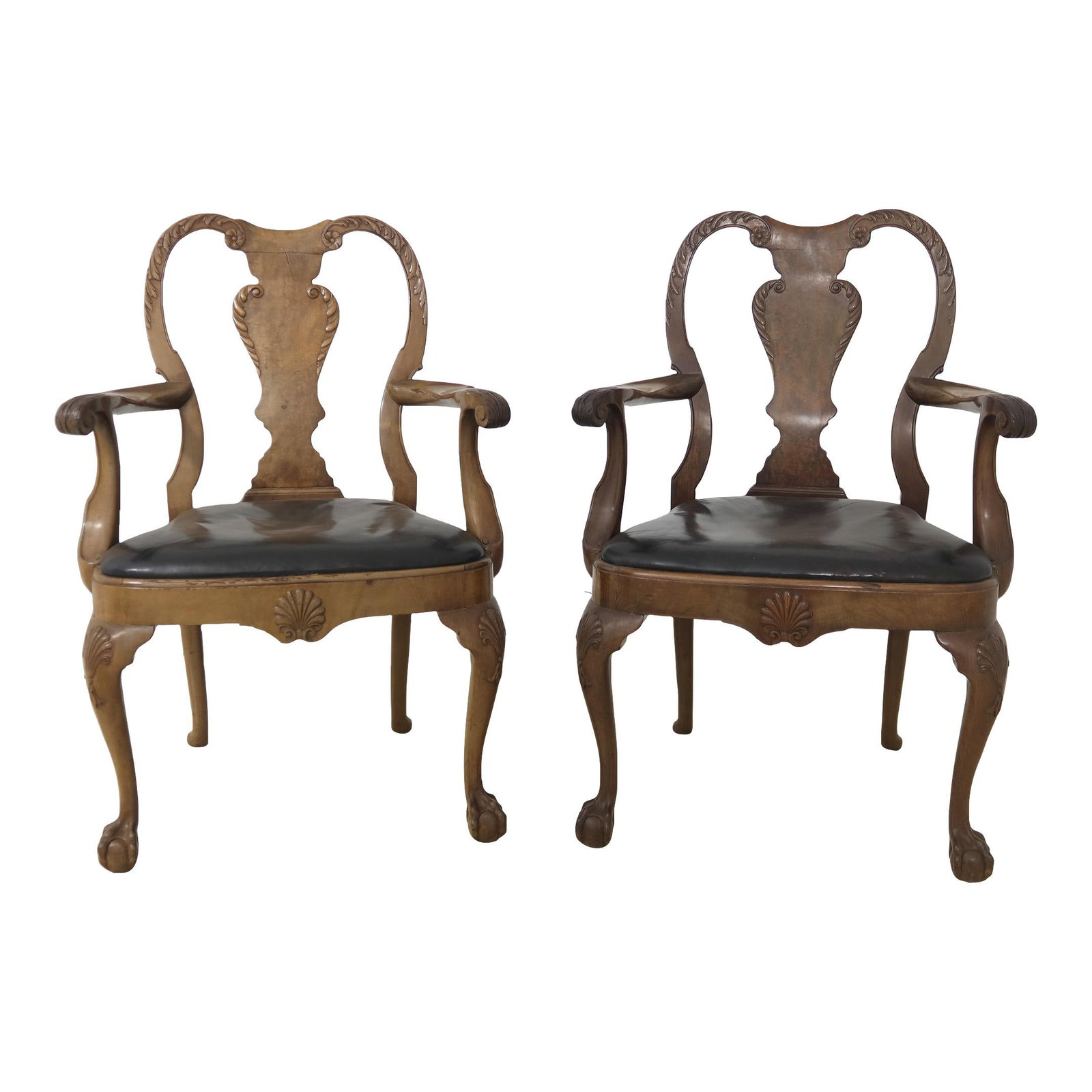 Vintage Schmieg & Kotzian Georgian Walnut Armchairs Pair 1920s: Vintage Schmieg & Kotzian Georgian Walnut Armchairs Pair 1920s This exquisite pair of Georgian armchairs, crafted by Schmieg & Kotzian in the 1920s, showcases timeless elegance with their ball and cla
