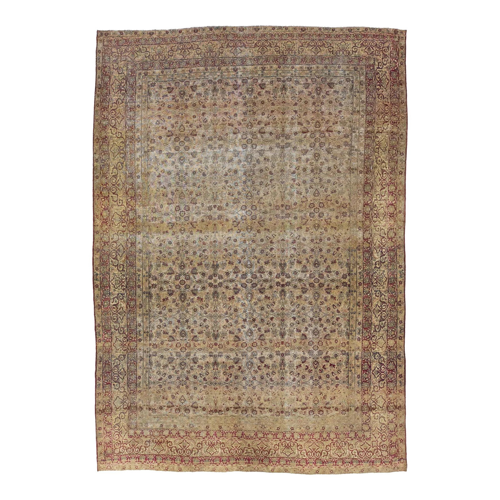 Antique Persian Kerman Wool Rug Handmade Allover Floral Design 10'5 x 14'11: Antique Persian Kerman Wool Rug Handmade Allover Floral Design 10'5 x 14'11 This exquisite Persian Kerman rug, crafted from high-quality wool, features a stunning all-over floral motif in vibrant red 