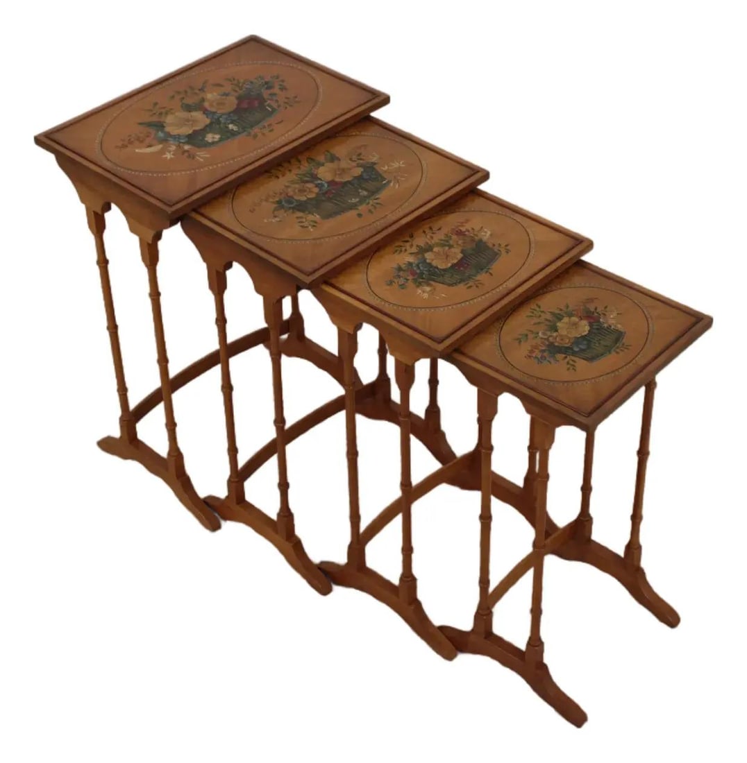 4 Satinwood Nesting Tables Adams Style Floral Decor Set of 4 (1 of 10)
