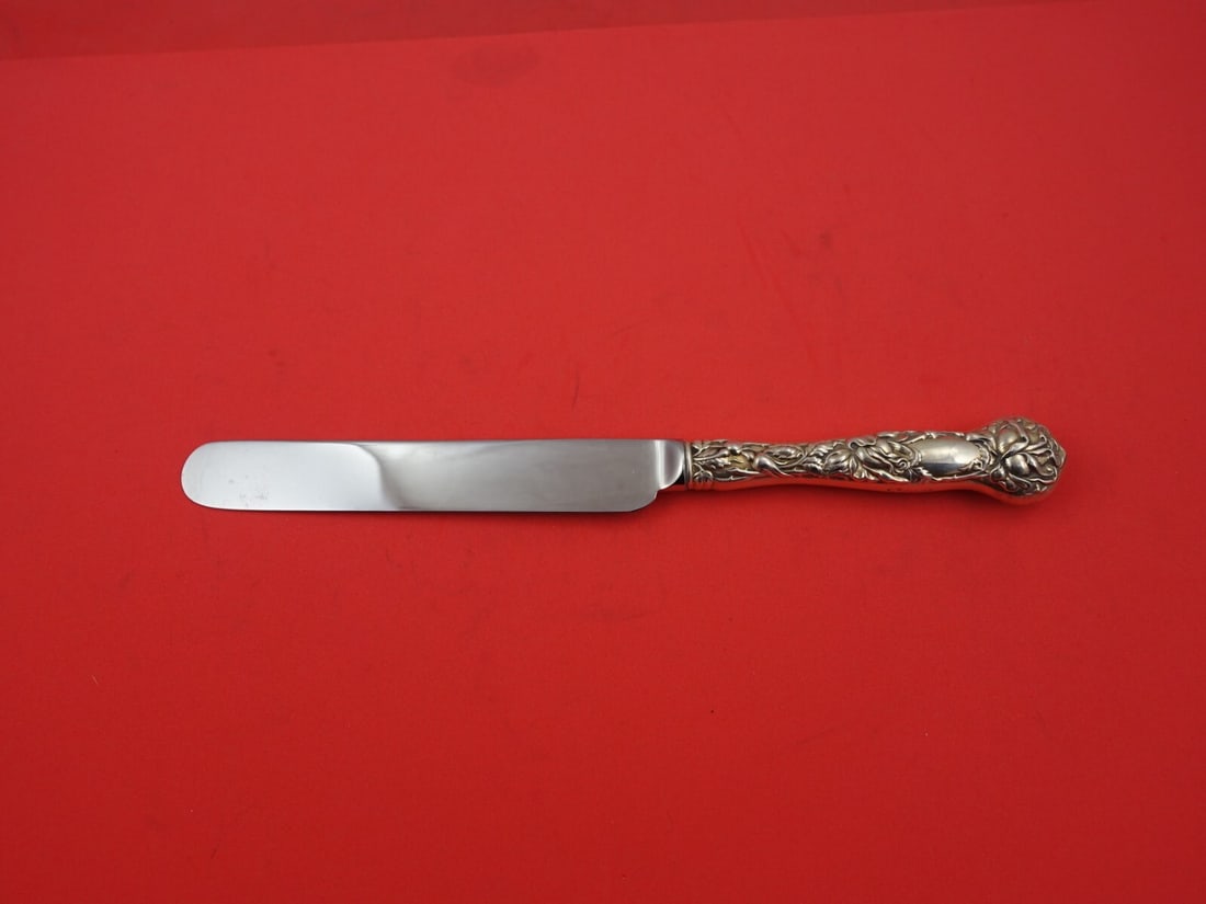 Alvin Bridal Rose Sterling Silver Dinner Knife 9 3/4 Blunt Sheffield Blade: Alvin Bridal Rose Sterling Silver Dinner Knife 9 3/4 Blunt Sheffield Blade Introducing the exquisite Bridal Rose Dinner Knife by Alvin, a stunning piece crafted from sterling silver. This knife featur