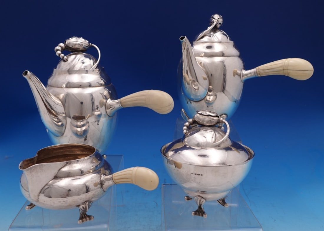 Art Nouveau Sterling Silver Four-Piece Tea Set Blossom Pattern Denmark (1 of 18)