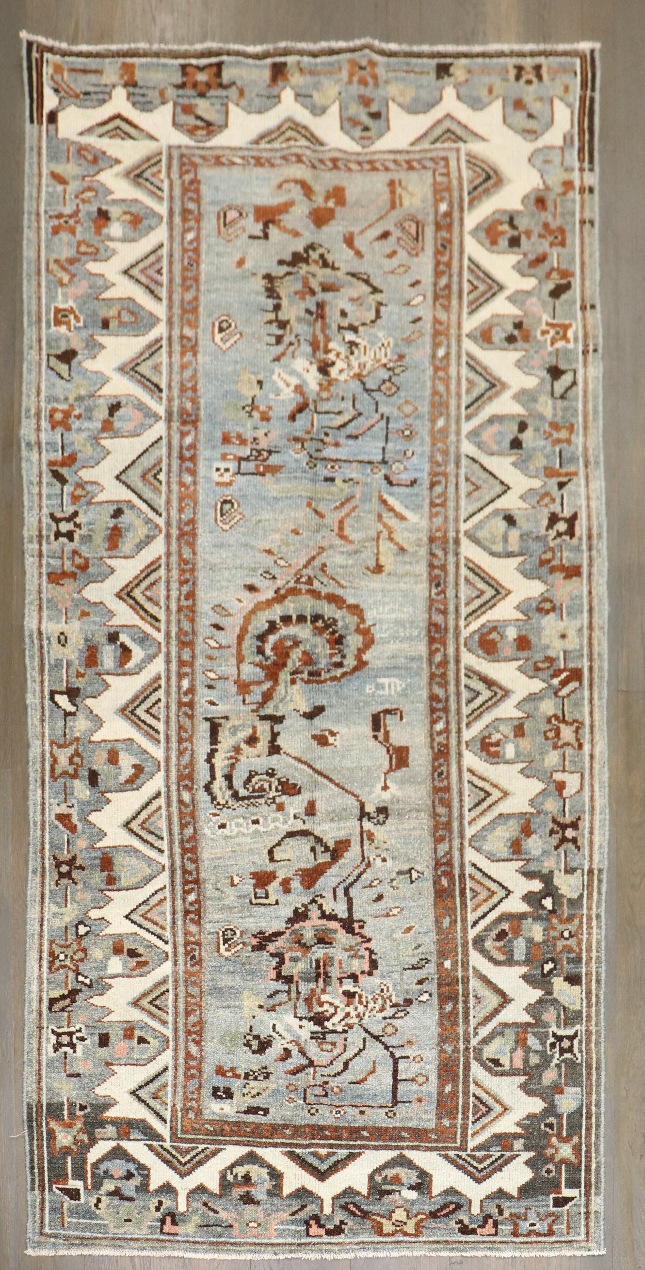 3' 3" x 6' 4" Persian Malayer short runner rug: 3' 3" x 6' 4" Persian Malayer short runner rug Early 20th century Persian Malayer short runner in a blue colorway. This pre-owned rug is identified as a small Malayer and retains the original listing'