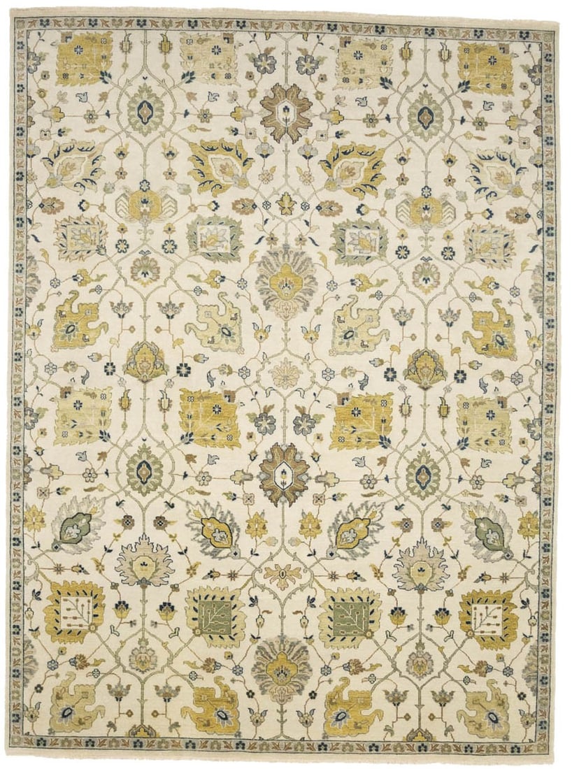 Ivory Floral Hand-Knotted Chobi Oriental Rug 9x12 ft Large Carpet: Ivory Floral Hand-Knotted Chobi Oriental Rug 9x12 ft Large Carpet Enhance your living space with this exquisite hand-knotted Chobi Oriental rug. Featuring an elegant ivory floral design, this large ar