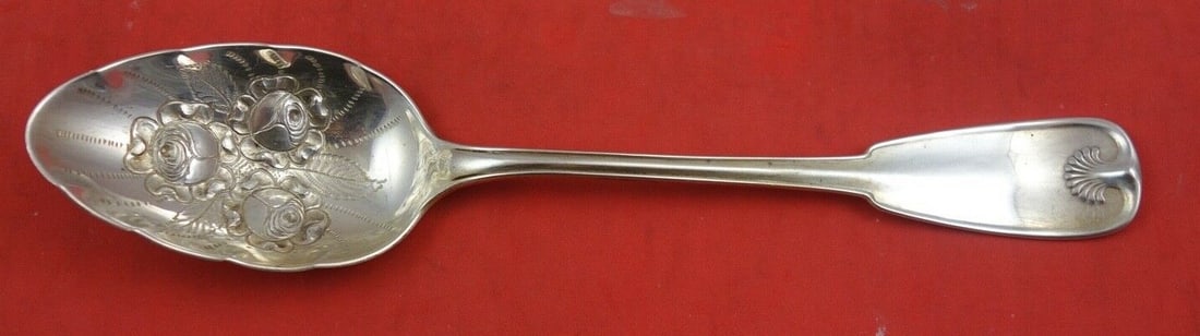 Tiffany & Co Palm Sterling Silver Berry Spoon with Roses 8.5": Tiffany & Co Palm Sterling Silver Berry Spoon with Roses 8.5" This exquisite Palm Berry Spoon by Tiffany & Co. showcases a stunning design featuring roses intricately engraved in the bowl. Crafted fro