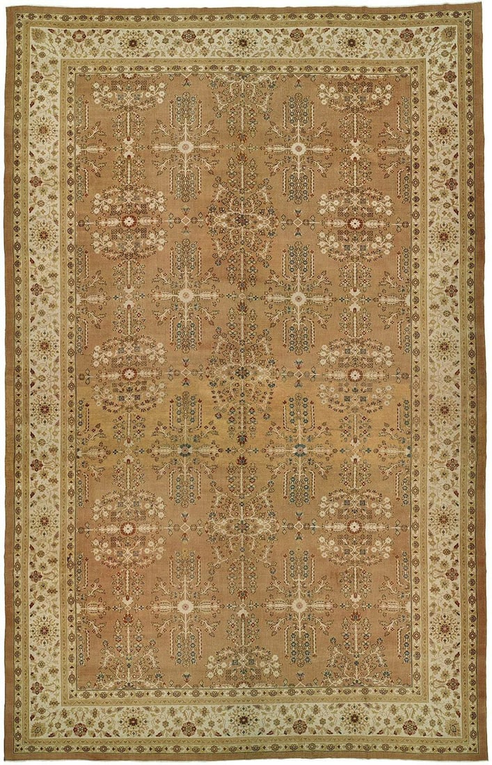 15' x 23' 6" Oversize 20th Century Indian Palace Rug: 15' x 23' 6" Oversize 20th Century Indian Palace Rug One-of-a-kind 20th century Indian rug in a palace-size format, featuring a brown, ivory, and blue color palette. This pre-owned oversize rug offers