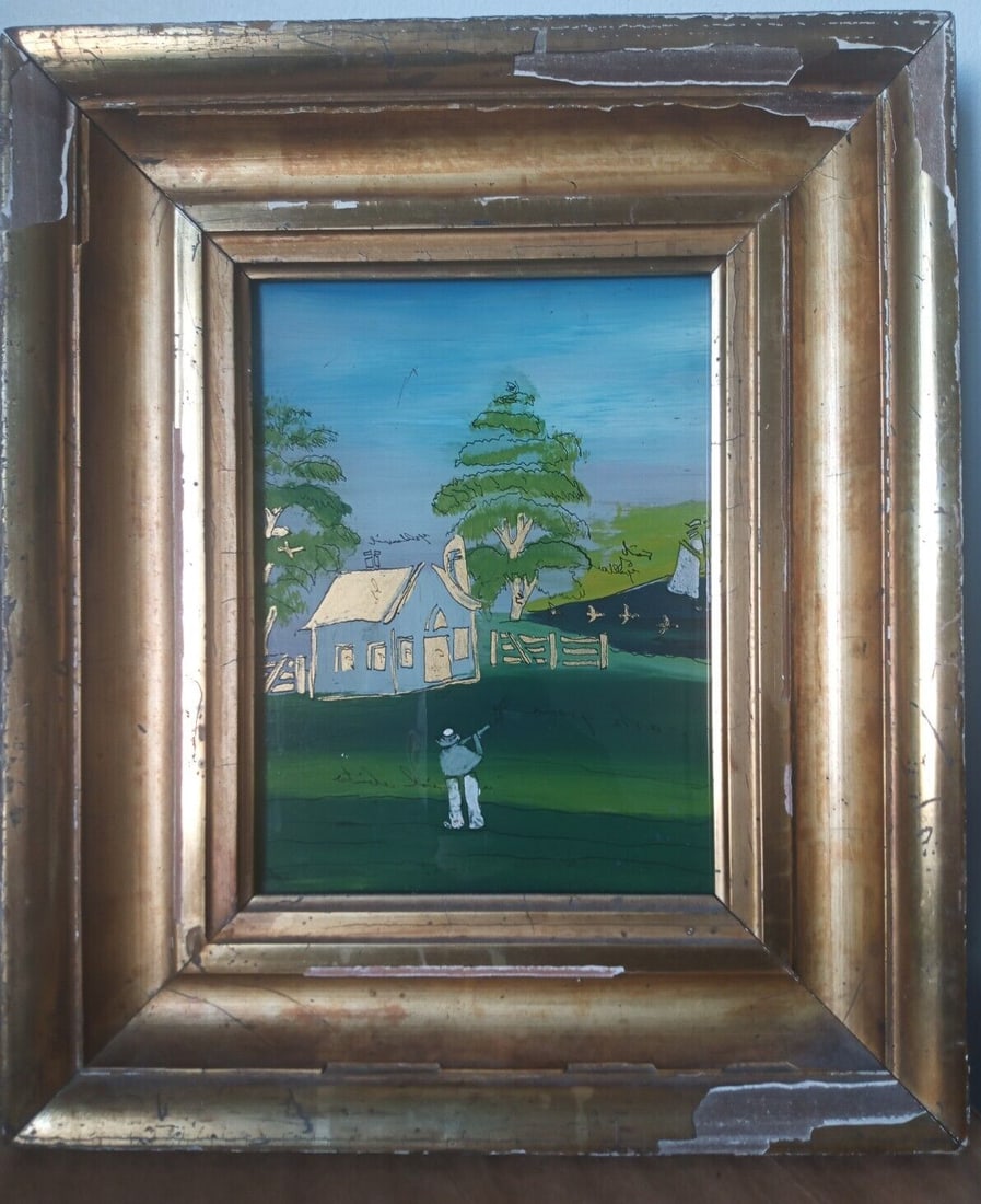 Framed 19th Century eglomise glass painting of hunter in landscape: Framed 19th Century eglomise glass painting of hunter in landscape Antique 19th century reverse painting on glass depicting a man hunting game in a landscape. This original American folk art work is p