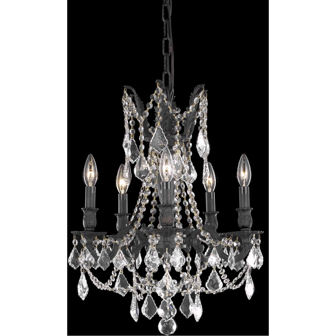 Rosalia 5-Light Dark Bronze Crystal Chandelier 18 Inch: Rosalia 5-Light Dark Bronze Crystal Chandelier 18 Inch This elegant chandelier features a dark bronze frame with royal cut clear crystal accents, offering a sophisticated touch to any dining room, liv