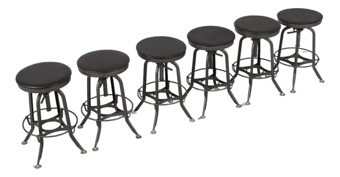 Six Industrial Adjustable Leather Stools with Bent Steel Base and Spring Clamp Set of 6 (1 of 10)
