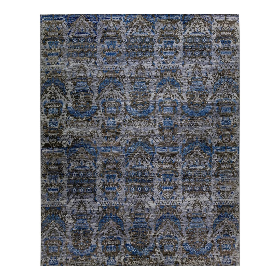 Handmade Gray Wool Rug with Modern Allover Design 12'2 x 14'8: Handmade Gray Wool Rug with Modern Allover Design 12'2 x 14'8 Enhance your space with this exquisite handmade wool rug, featuring a captivating gray field complemented by blue and brown accents. The m