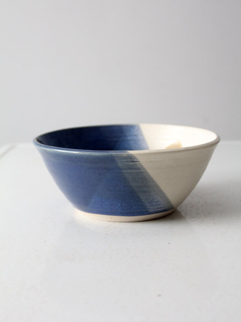 Signed Vintage Studio Pottery Bowl Blue Cream Brown Glaze 9 Inch (1 of 14)