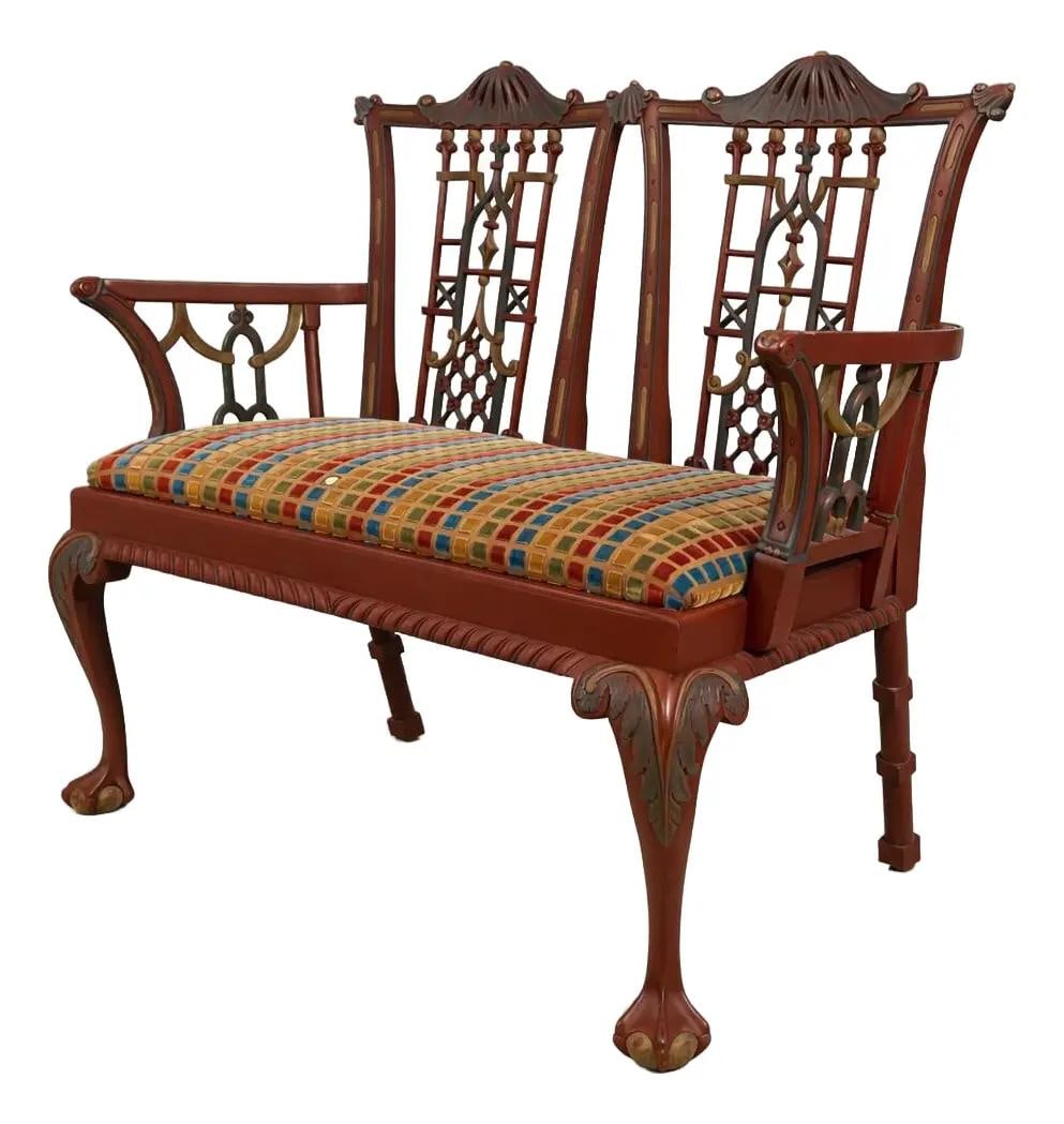 Paint Decorated Settee with Ball and Claw Feet in Chinese Chippendale Style (1 of 10)