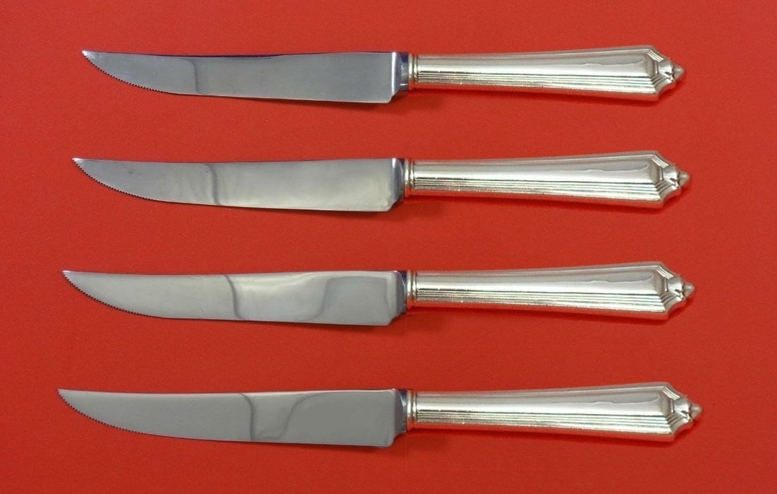 Gorham Plymouth Sterling Silver Steak Knife Set 4pc Custom 8.5": Gorham Plymouth Sterling Silver Steak Knife Set 4pc Custom 8.5" Enhance your dining experience with this exquisite 4-piece steak knife set from the Plymouth pattern by Gorham. Crafted from high-qualit