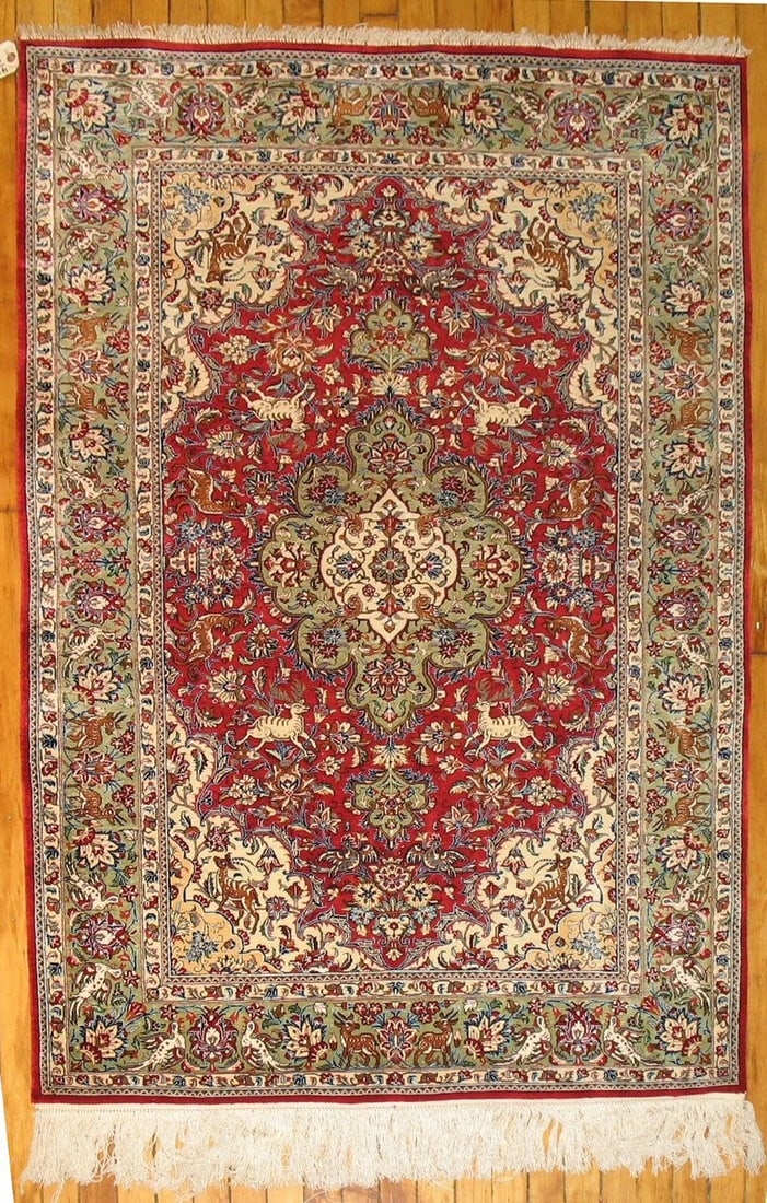3' 7" x 5' Persian Qum pictorial silk rug: 3' 7" x 5' Persian Qum pictorial silk rug Pre-owned pictorial Persian Qum rug woven in silk. This small-format rug features a detailed pictorial design and a fine 500 kpsi weave. Specifications Type: 