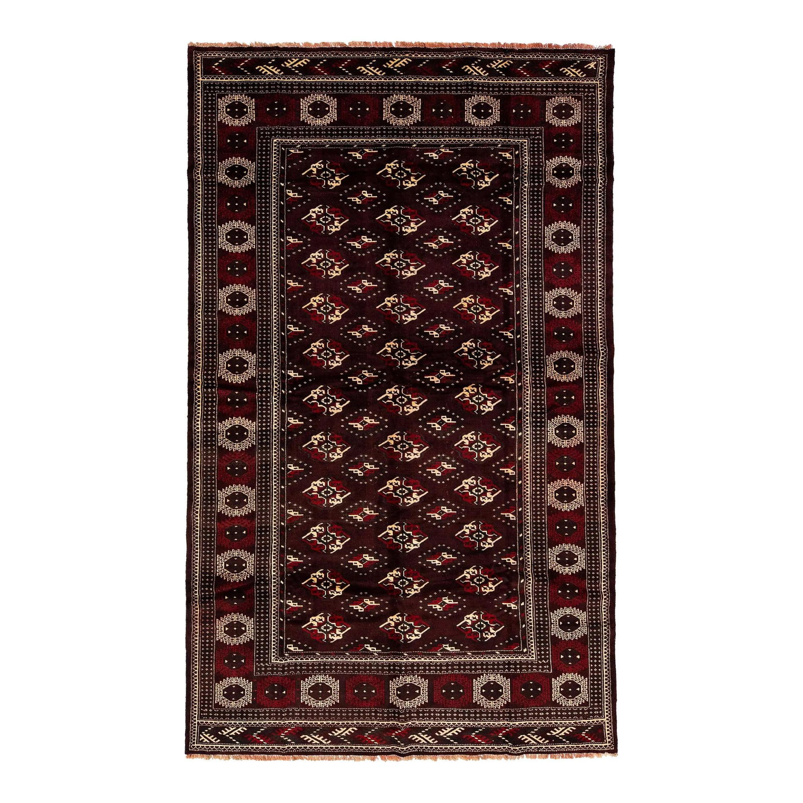 Vintage 1960s Persian Turkman Burgundy Wool Rug 7'1 x 11'9 Geometric Design: Vintage 1960s Persian Turkman Burgundy Wool Rug 7'1 x 11'9 Geometric Design Elevate your living space with this stunning vintage 1960s Persian Turkman rug, featuring a rich red-burgundy field adorned 