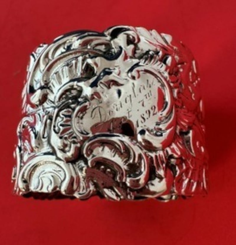 Shiebler Maintenon Sterling Silver Napkin Ring 2 x 1 3 8 Douglas: Shiebler Maintenon Sterling Silver Napkin Ring 2 x 1 3 8 Douglas Sterling silver napkin ring in the Maintenon pattern by Shiebler. The piece is marked and dates to the 1850-1899 period, with United St