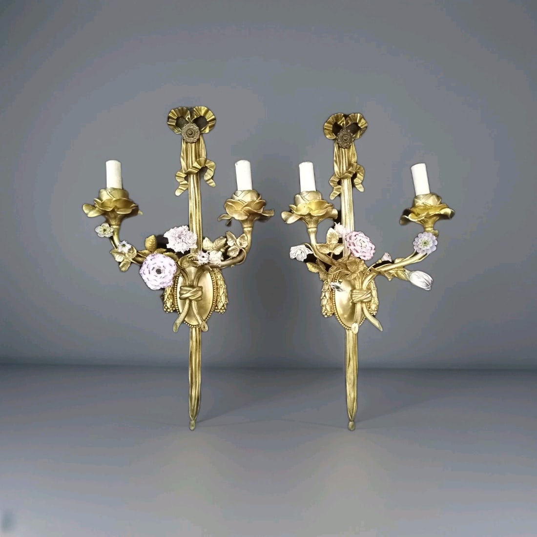 Pair of 22 inch French Bronze Porcelain Wall Sconces by E.F. Caldwell (1 of 11)