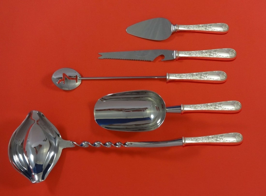 Kirk Old Maryland Engraved Sterling Silver 5pc Hostess Bar Set: Kirk Old Maryland Engraved Sterling Silver 5pc Hostess Bar Set This 5-piece custom cocktail party bar serving set is in the Old Maryland Engraved pattern by Kirk. It features sterling silver hollow ha