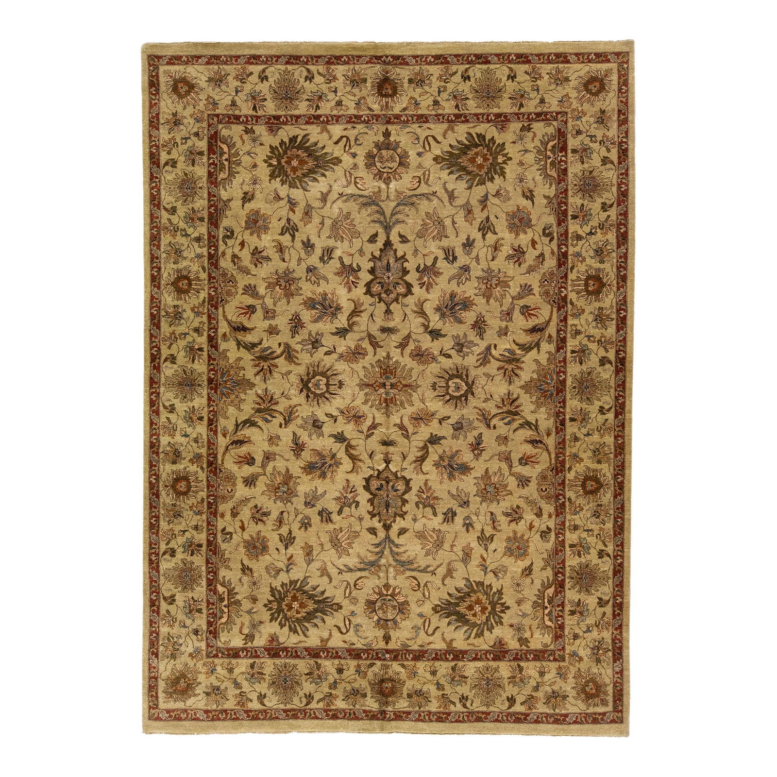 Handmade Floral Wool Rug 10' x 14' Tan Color Indian Design: Handmade Floral Wool Rug 10' x 14' Tan Color Indian Design Enhance your living space with this stunning contemporary Indian handmade wool rug. Featuring a beautiful tan color field, this hand-knotted 