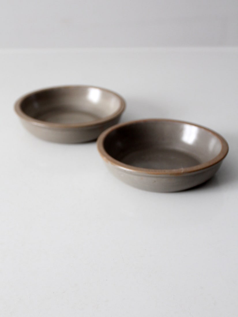 Handmade Vintage Studio Pottery Bowls Pair Taupe Glaze Signed: Handmade Vintage Studio Pottery Bowls Pair Taupe Glaze Signed Explore this exquisite pair of vintage studio pottery bowls, each uniquely signed by the artist. These handmade bowls feature a minimalist