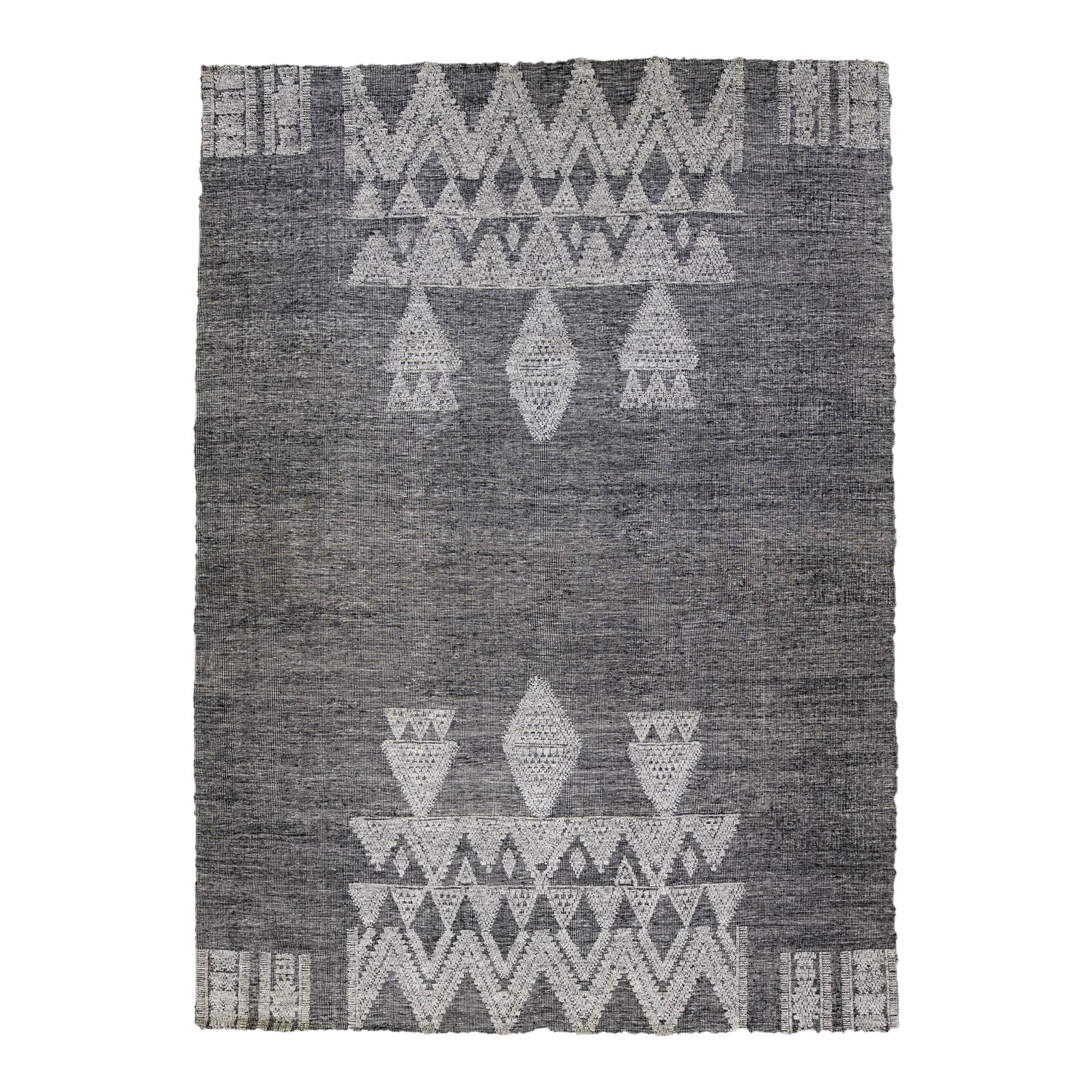 Modern Safi Collection Handmade Wool Rug 10'1 x 13'9 Gray Geometric Design: Modern Safi Collection Handmade Wool Rug 10'1 x 13'9 Gray Geometric Design This exquisite handmade wool rug from Safi Collection features a striking dark gray color field complemented by gray accents 