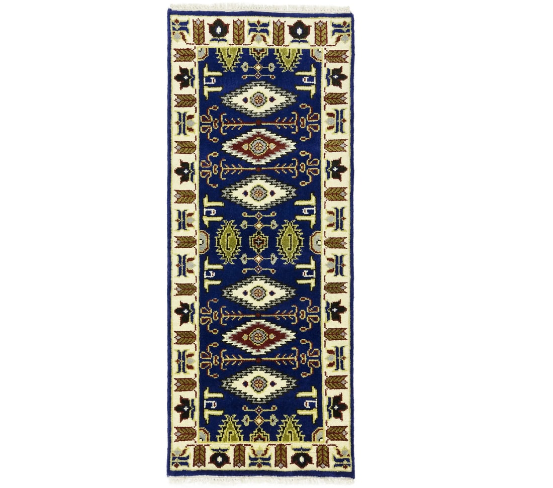 Geometric Wool Kazak Rug Hand-Knotted 2'6 x 6'1 Blue Modern Entryway Carpet (1 of 16)