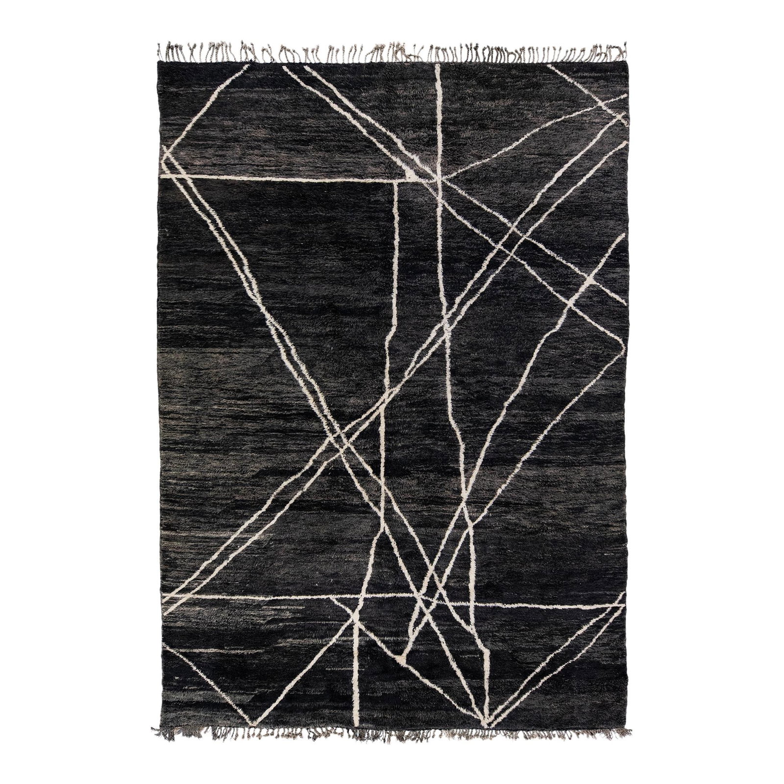 Modern Moroccan Wool Rug 8'4 x 12'2 Charcoal Tribal Design: Modern Moroccan Wool Rug 8'4 x 12'2 Charcoal Tribal Design Enhance your living space with this exquisite Modern Moroccan handmade rug, crafted from high-quality wool. Featuring a rich charcoal field a