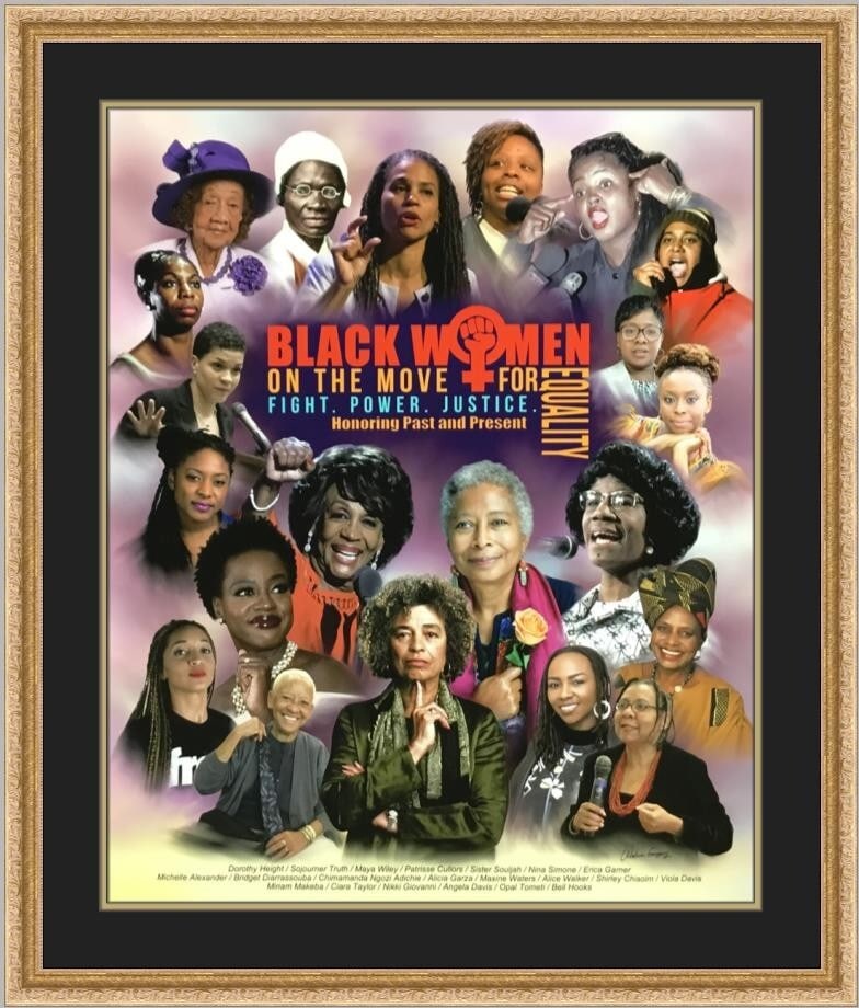 Wishum Gregory framed giclee print Black Women On The Move: Wishum Gregory framed giclee print Black Women On The Move This is a custom-framed, open edition giclee print titled "Black Women On The Move" by artist Wishum Gregory. The artwork features prominent 