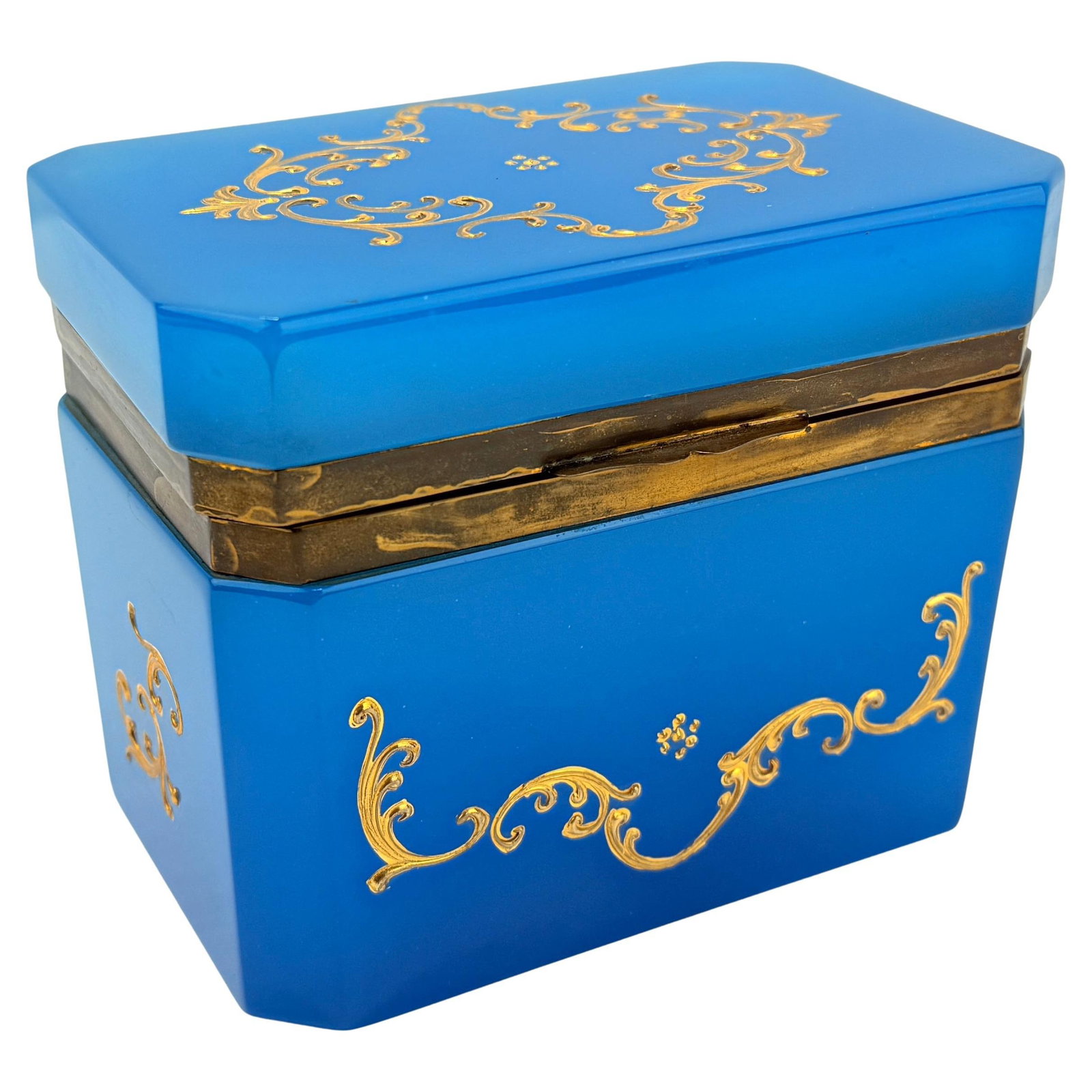 19th Century Rococo French Blue Opaline Glass Box with Gilt Enamel: 19th Century Rococo French Blue Opaline Glass Box with Gilt Enamel This exquisite late 19th-century glass box showcases the pinnacle of decorative glasswork, featuring either Bohemian Barfatan craftsm