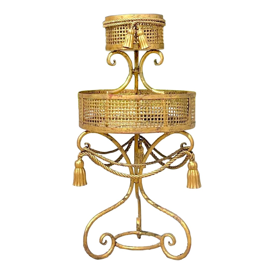 Vintage Regency Gold Metal Two-Tier Swag Plant Stand: Vintage Regency Gold Metal Two-Tier Swag Plant Stand This exquisite vintage Regency swag plant stand features a chic two-tier design adorned with elegant swag detailing. Its stunning gold finish adds 