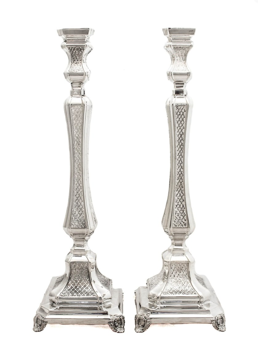 Elegant Handcrafted 925 Sterling Silver Diamond Cut Square Candlesticks Pair (1 of 6)