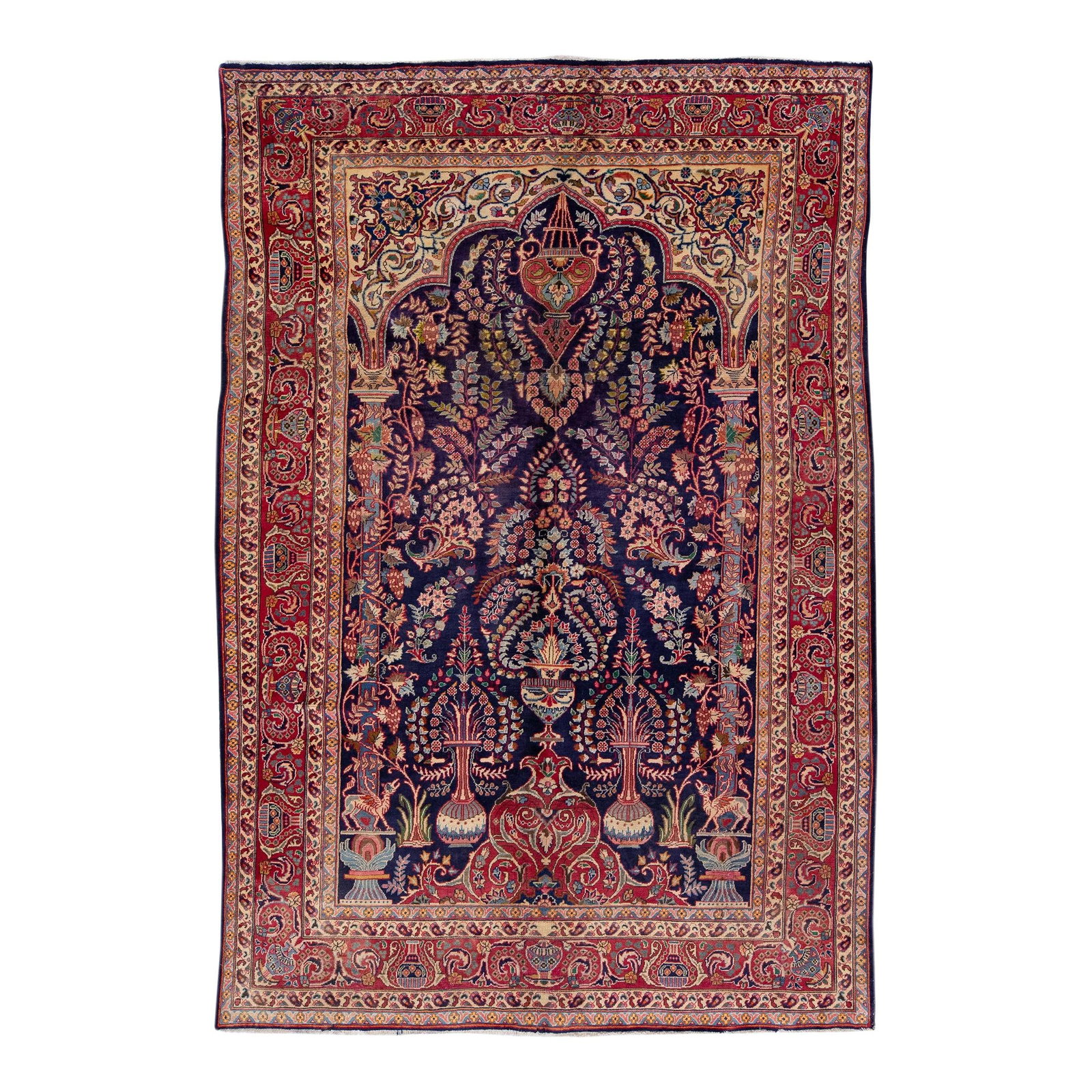 1960s Handmade Persian Kashan Wool Rug Navy Blue Floral Design: 1960s Handmade Persian Kashan Wool Rug Navy Blue Floral Design This exquisite Persian Kashan rug features a stunning hand-knotted wool construction with a rich navy blue field. The design showcases an