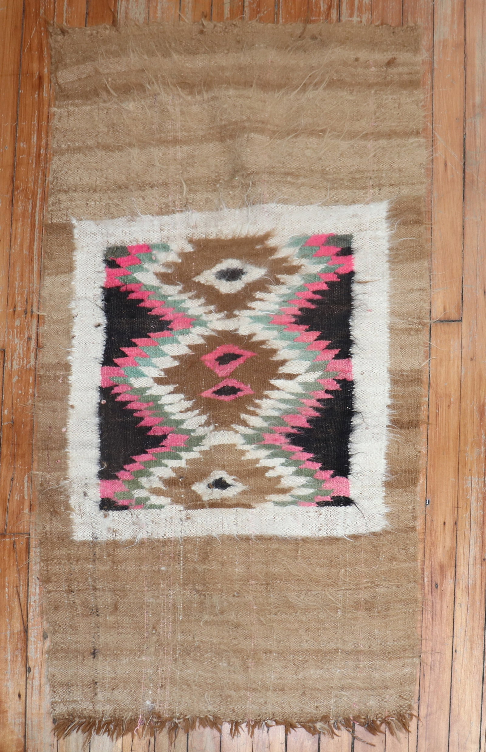 2' 3" x 3' 10" Vintage Mohair Textile Rug from Ecuador: 2' 3" x 3' 10" Vintage Mohair Textile Rug from Ecuador Vintage Ecuadorian mohair rug from the late 20th century. This small textile rug features a geometric design and is offered in pre-owned conditio