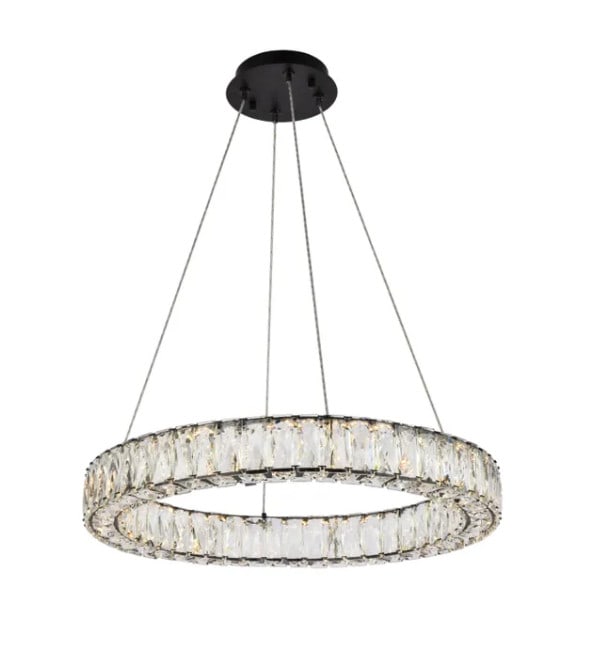 Monroe Black Crystal LED Ring Chandelier 23 Inch: Monroe Black Crystal LED Ring Chandelier 23 Inch This modern chandelier features a striking halo ring design with a black stainless steel frame and royal cut clear crystal accents. The fixture is equi
