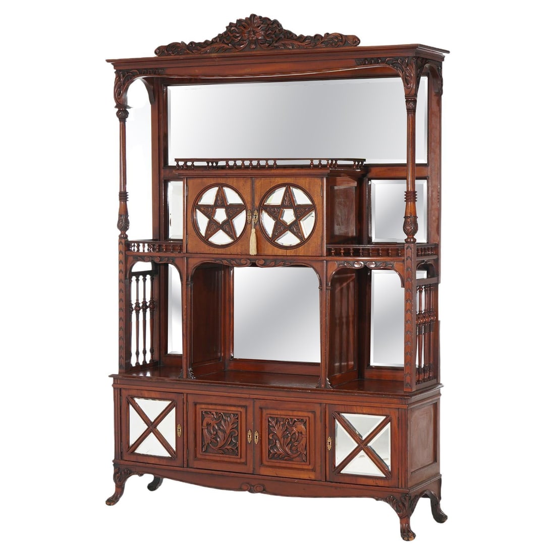 C1900 Antique Mahogany Star Pentagram Etagere with Mirrors and Eagles: C1900 Antique Mahogany Star Pentagram Etagere with Mirrors and Eagles This exquisite Antique Mahogany Star Pentagram Etagere, dating back to circa 1900, offers a stunning blend of elegance and functio