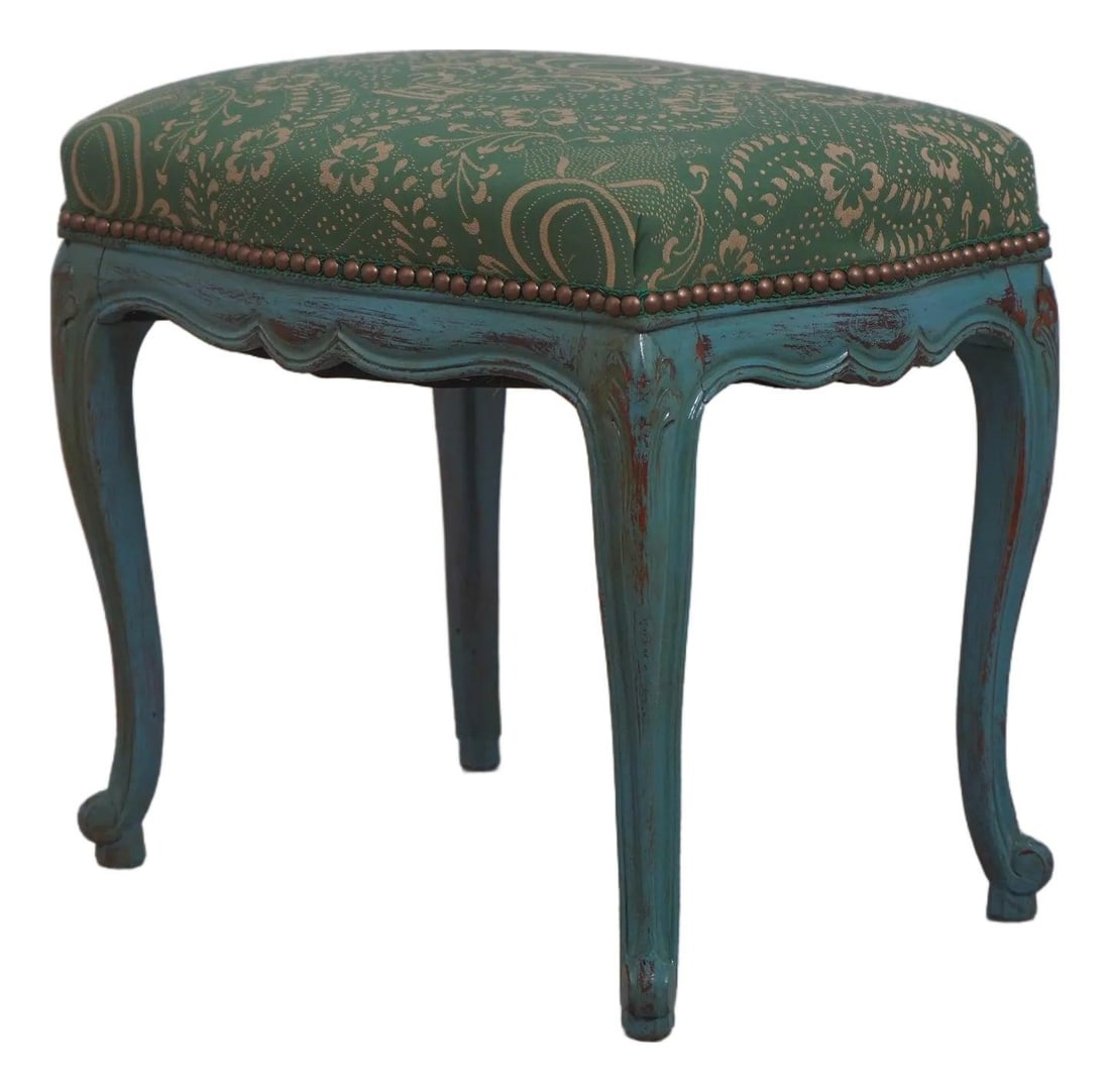 Green Damask Upholstered Foot Stool Ottoman French Style (1 of 10)
