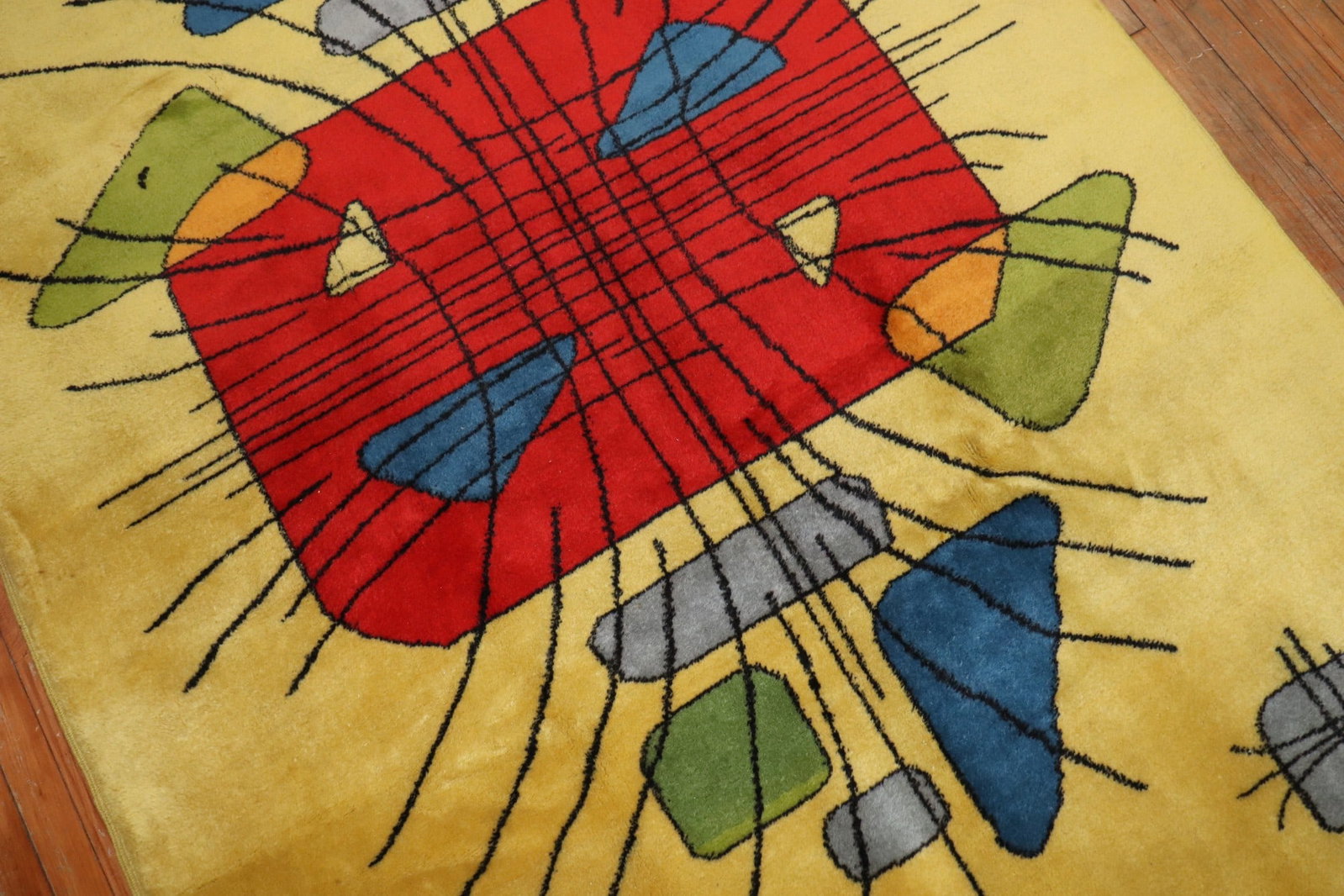 5' 2" x 8' 4" Hand Knotted Turkish Deco Rug by Zeki Muren: 5' 2" x 8' 4" Hand Knotted Turkish Deco Rug by Zeki Muren One-of-a-kind mid-20th-century hand-knotted Turkish Deco rug attributed to designer Zeki Muren. Predominantly yellow, this pre-owned rug featu
