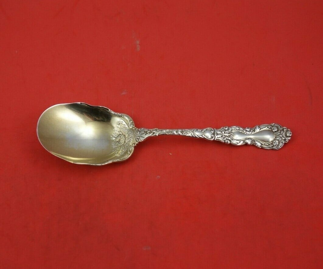 Gorham Imperial Chrysanthemum Sterling Silver Preserve Spoon 7 1/4 Gold Washed: Gorham Imperial Chrysanthemum Sterling Silver Preserve Spoon 7 1/4 Gold Washed This exquisite serving spoon features the Imperial Chrysanthemum pattern by Gorham, crafted from high-quality sterling si