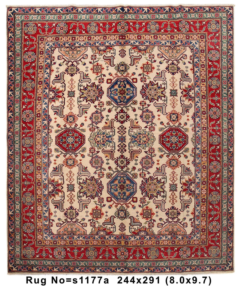 8 x 10 Handmade Kazak Rug Ivory Red Wool Area Rug: 8 x 10 Handmade Kazak Rug Ivory Red Wool Area Rug Free continental US Shipping Enhance your home decor with this exquisite 8' x 10' Handmade Kazak Rug in Ivory and Red. This stunning piece is crafted 