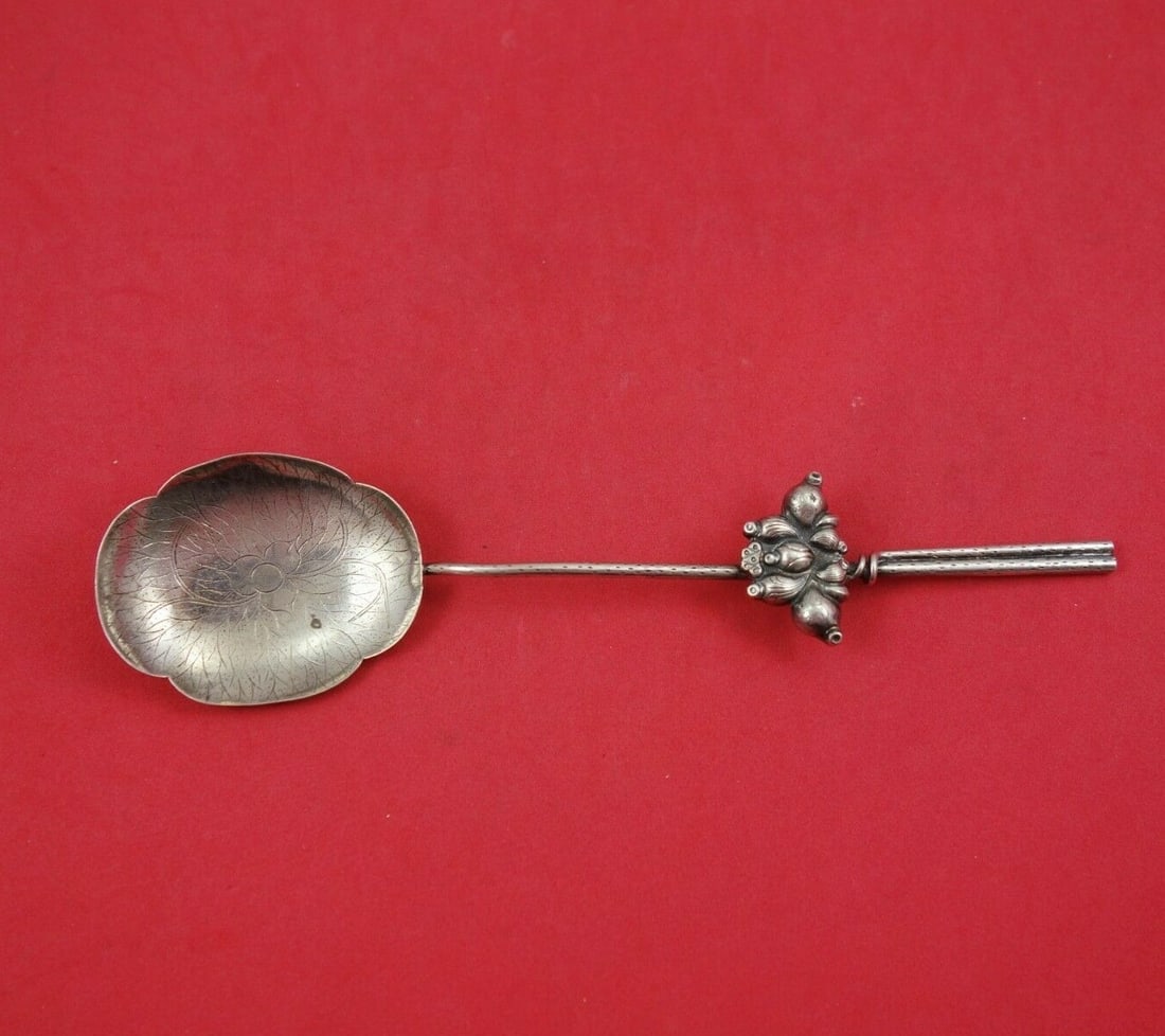 Japanese 950 Silver Serving Spoon With Floral Bowl and Wire Handle Fruit Accent: Japanese 950 Silver Serving Spoon With Floral Bowl and Wire Handle Fruit Accent This Japanese preserve spoon is crafted from .950 silver and features a distinctive flower-shaped bowl with bright-cut d