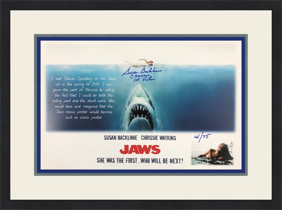 Susan Backlinie Autographed Jaws Photo Limited Edition Framed: Susan Backlinie Autographed Jaws Photo Limited Edition Framed This captivating custom-framed photograph features Susan Backlinie, known as the first victim in the iconic movie 'Jaws.' The photo measur
