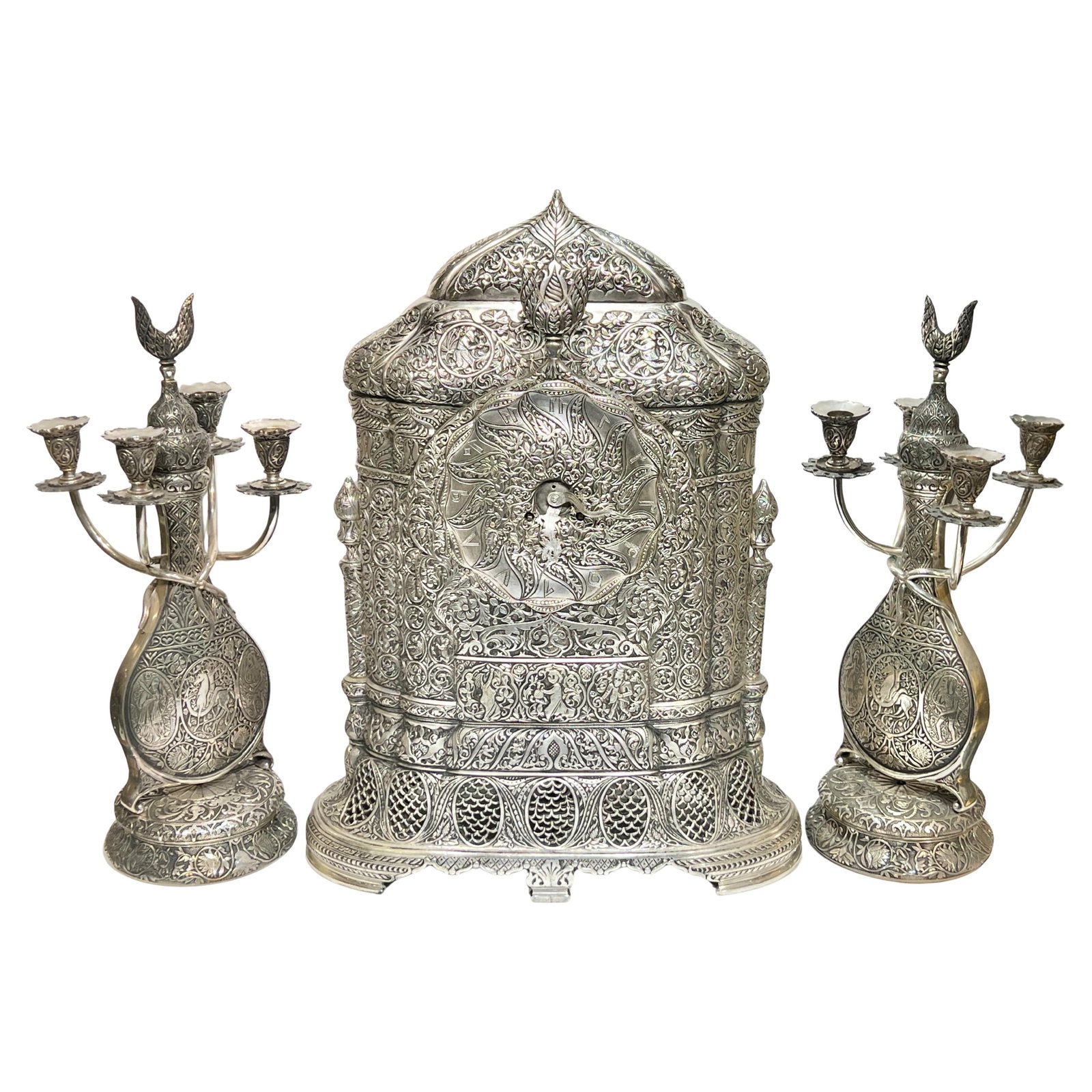 French Orientalist Silvered Bronze Mantel Clock with Pair of Four-Light Candelabra Set (1 of 10)