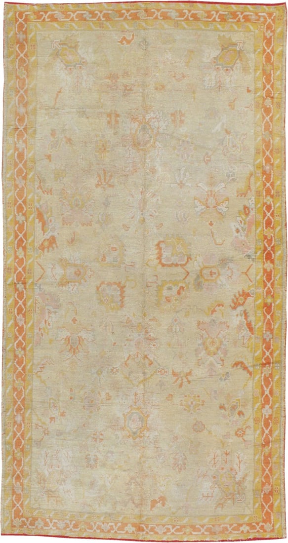 6' 10" x 13' 2" Turkish Oushak Gallery Rug Antique: 6' 10" x 13' 2" Turkish Oushak Gallery Rug Antique Late 19th century antique Turkish Oushak rug in a gallery format. This pre-owned piece is identified as an Oushak rug and retains its antique charact