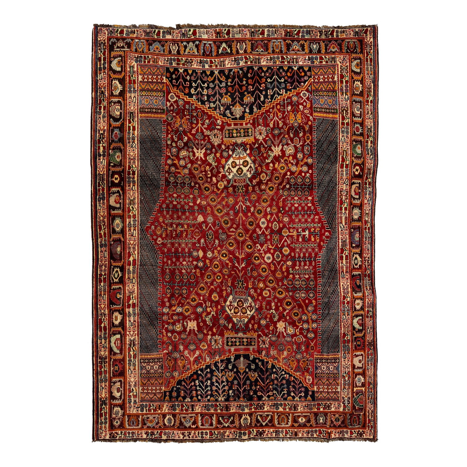 Persian Shiraz Hand-Knotted Wool Rug Red Floral Design 6'8 x 9'8: Persian Shiraz Hand-Knotted Wool Rug Red Floral Design 6'8 x 9'8 Discover the beauty of this exquisite Persian Shiraz hand-knotted wool rug, showcasing a stunning rich red field adorned with golden